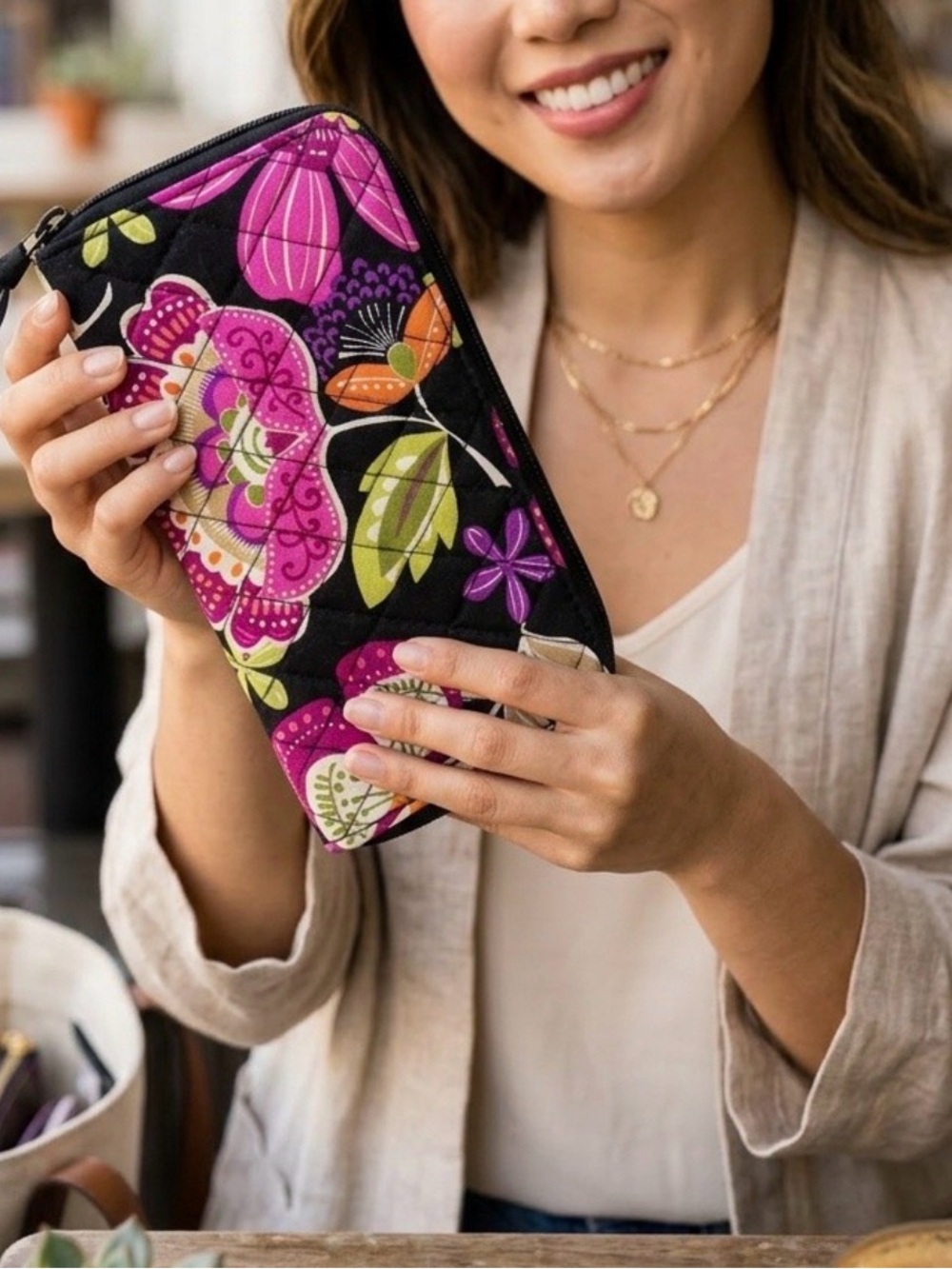 Vera Bradley Black Floral Zip-Around Wallet with Pink, Green & Orange Accents